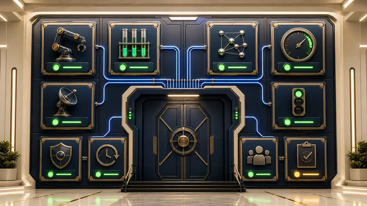 Production cutover gates connected to a central release door