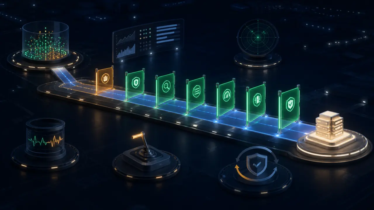 A production route passing through preflight safety gates