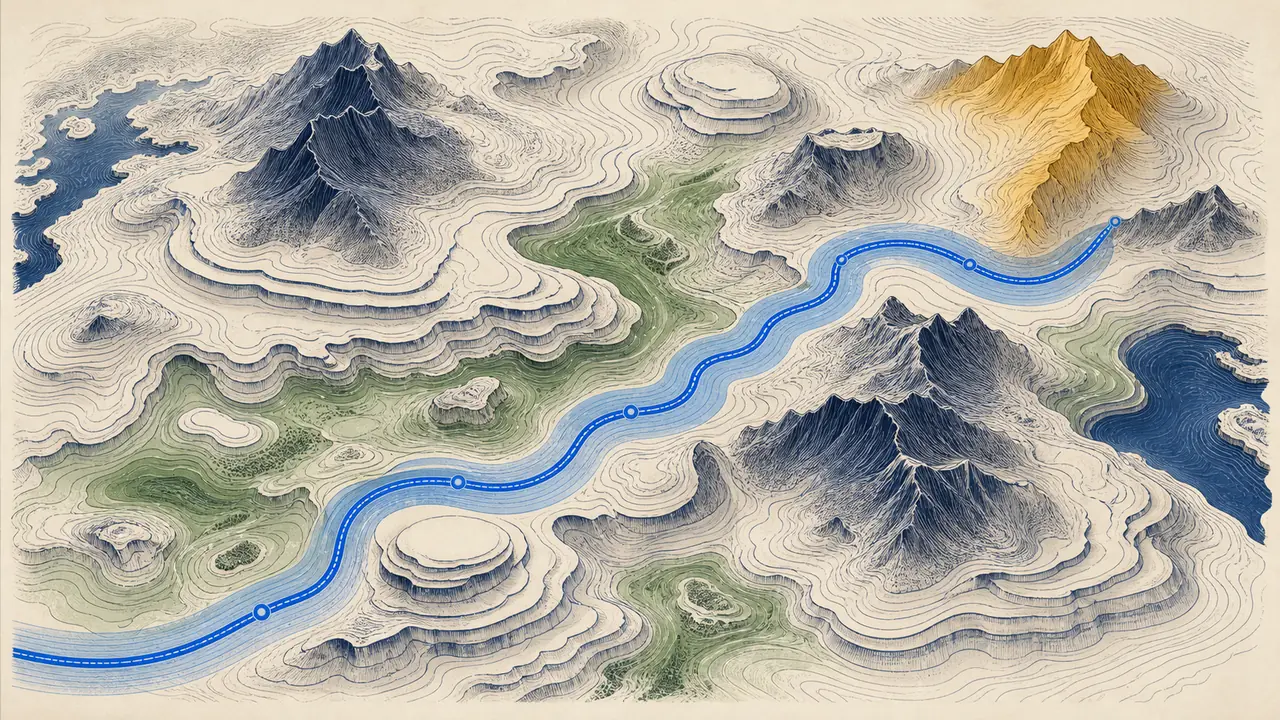 A measured migration route crossing a landscape of complexity