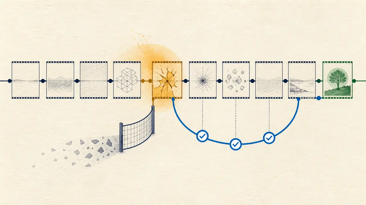 A recovery route returning through verified restore checkpoints
