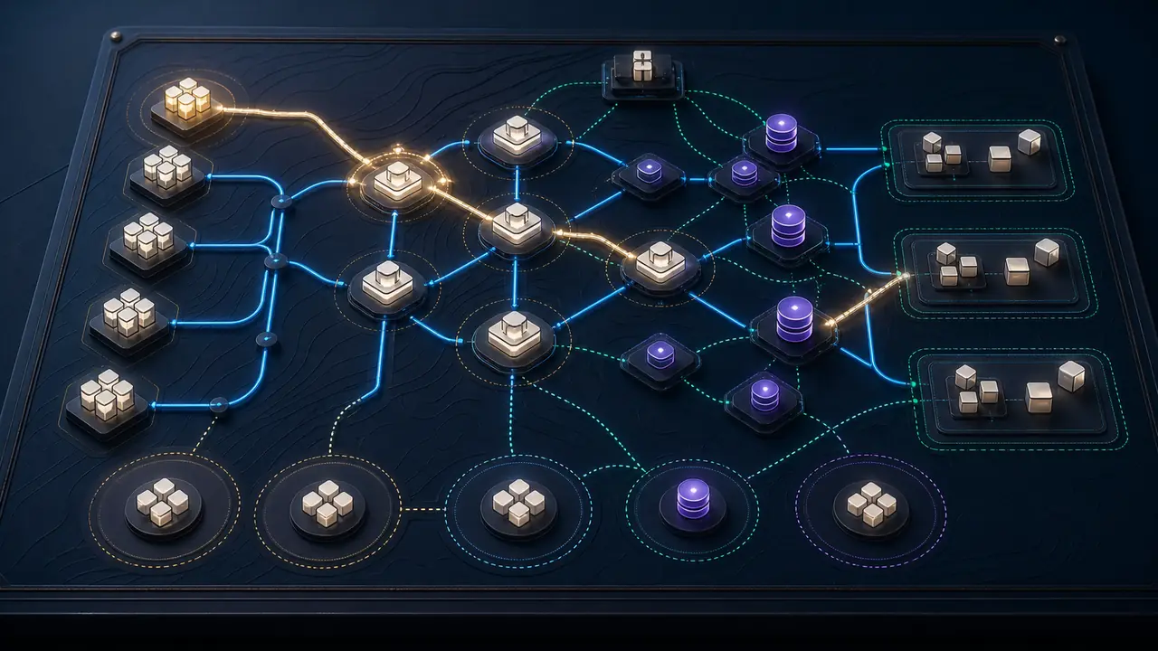 A physical topology map connecting repositories, services, data, environments, and owners