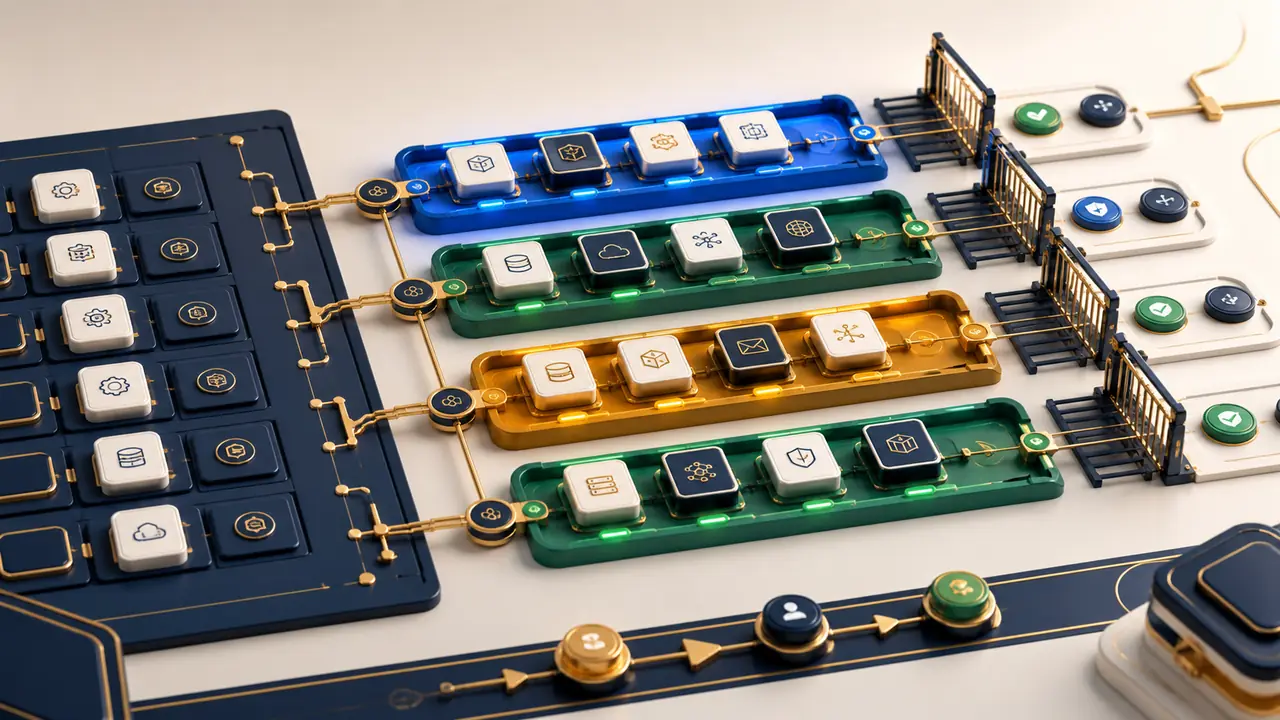 Service modules sequenced into migration waves with validation gates and ownership handoffs